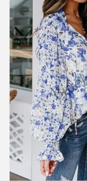 Women's Floral Print V Neck Tie Front Blouse in White Multi sz small - Picture 4 of 7